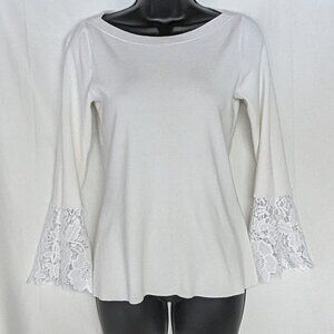 INC white knit top with lace bell sleeves petite small EUC